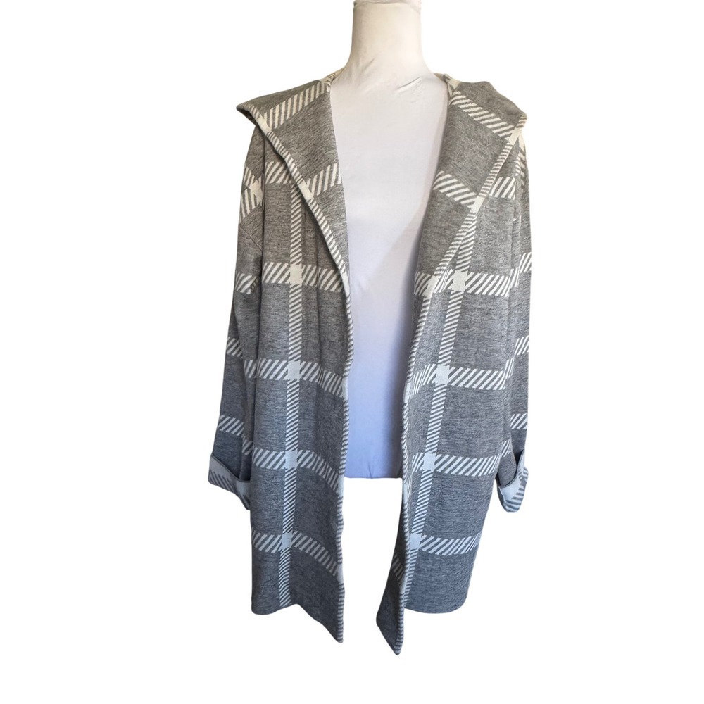 Anne Klein Women's Cardigan Sweater‎ Gray Plaid Hooded Open Front Long Sleeve L